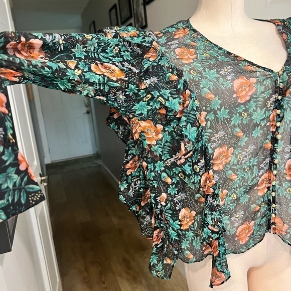 THE KOOPLES asymmetrical ruffle trimmed poppie field semi sheer blouse - Picture 12 of 16